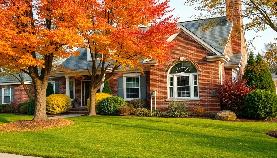 Charming home with vibrant fall foliage showcasing fall lawn care tips