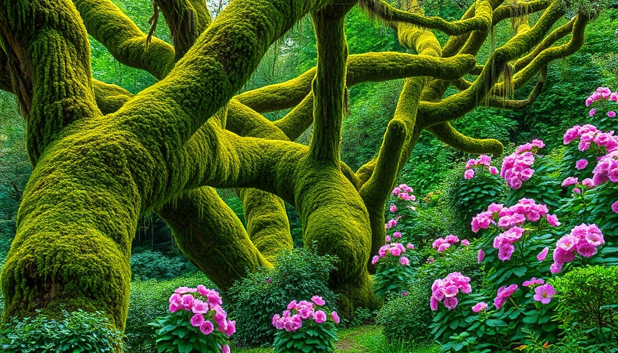 Lush garden with trees and flowers in October.