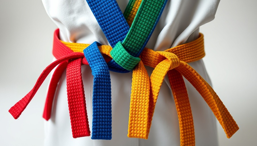 Woven martial arts belts showing colors representing rank.