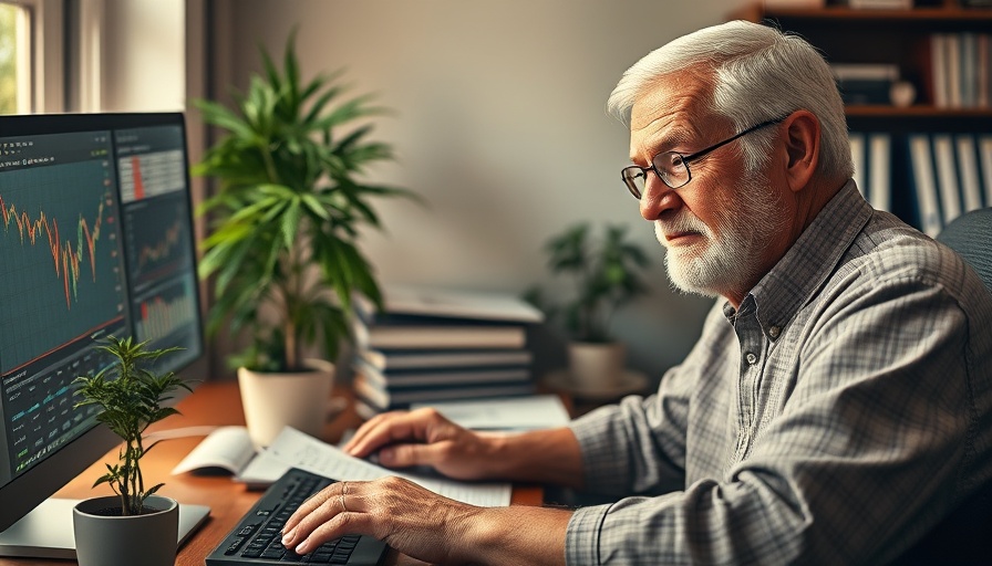 Older retiree analyzing marijuana stocks with confidence in a home office.