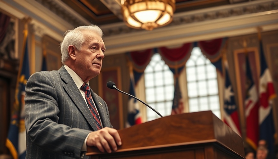 Official speaking in a formal setting with portrait in the background.