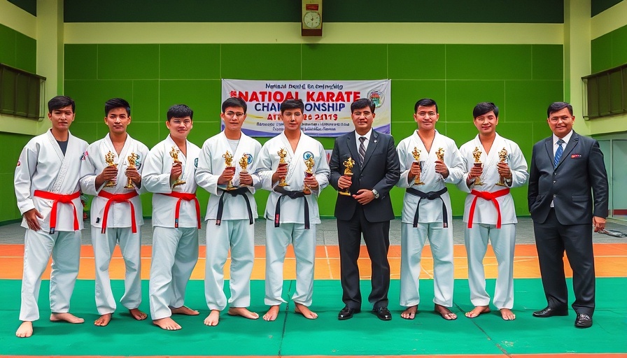 Karate athletes pose with officials at Karate Championship 2025.