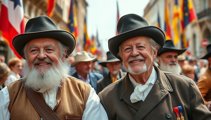 Elderly men dressed in historical attire at a festive parade.