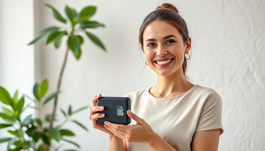 Woman showcasing personal safety device in a bright room.