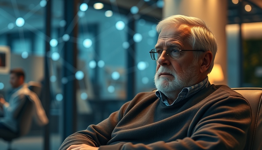 AI in healthcare for elderly safety visualized with an elderly man in a modern room and AI network lines.