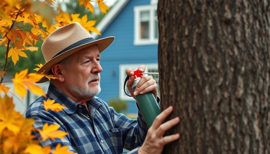 Winterizing trees workshop: Man spraying tree in garden.