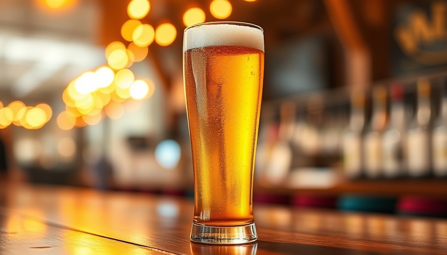 Chilled beer glass on bar counter amidst warm ambient lighting.