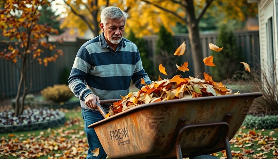 Fall cleanup mistakes for perennials: raking leaves into a wheelbarrow.