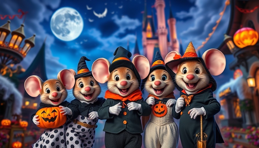 Joyful cartoon mice in Halloween costumes at a castle, maximize benefits Disney investors.