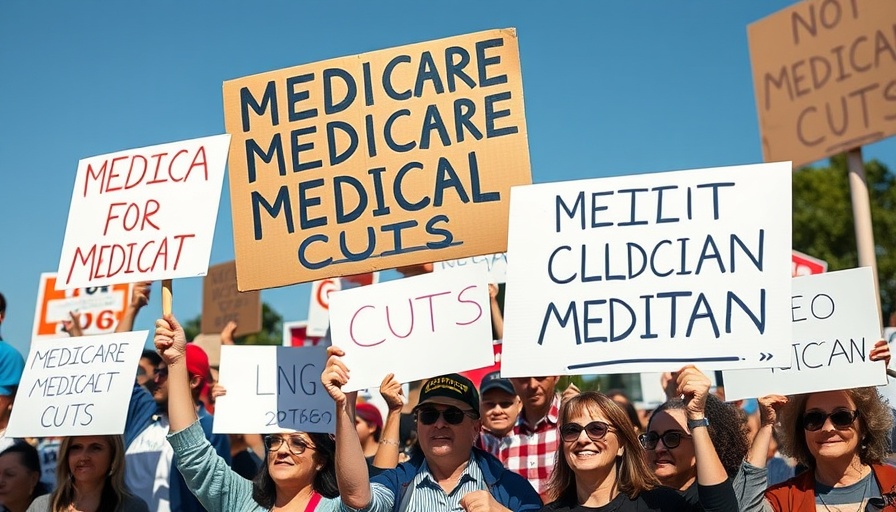 Protesters holding signs against Medicare and Medicaid cuts outdoors.