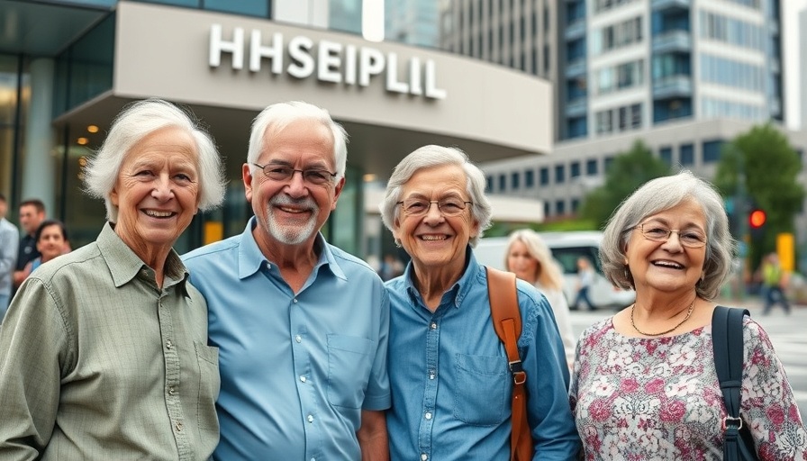 Senior care solutions: cheerful older adults at medical facility.