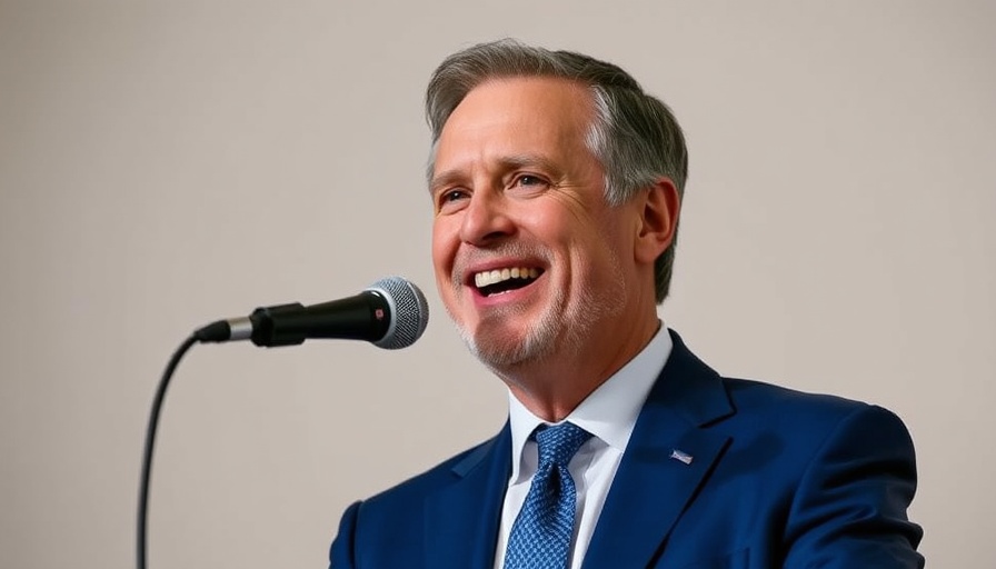 Middle-aged man smiling with a microphone in a blue suit, Cobra Kai Ralph Macchio age context.