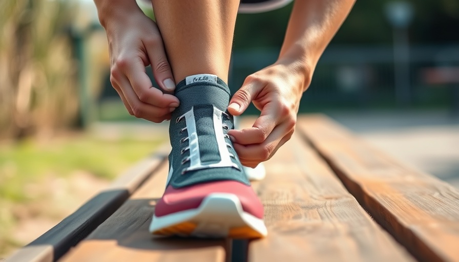 Close-up of runner securing ankle strap for injury prevention.