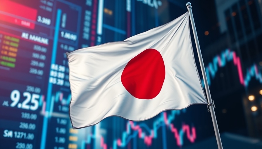 Japanese flag with financial graph background representing Japan's economy.