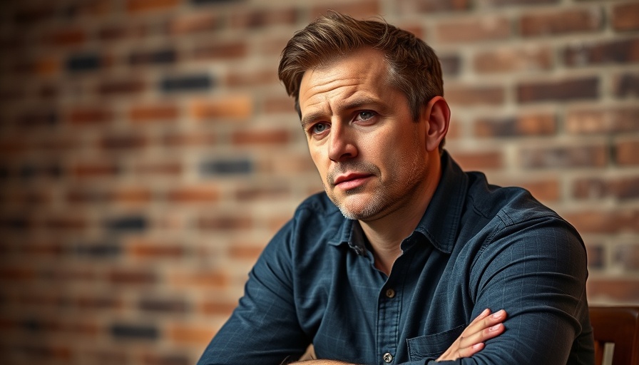 Thoughtful man in studio with brick wall background.