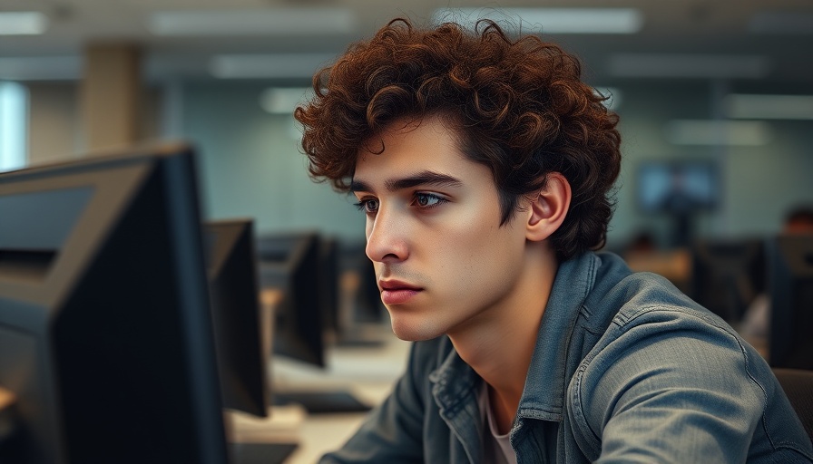 Maitland autism programs: young man working on computer, assisted in office.