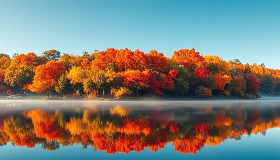Kentucky Dam Tree Week Celebration scenic autumn foliage and lake reflection.
