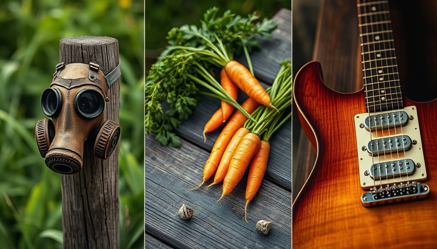 Hopeful dystopia: gas mask, carrots, guitar in a triptych composition