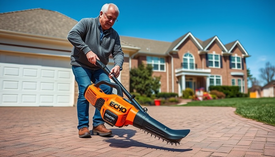 Man using Echo DPB-2610 blower on driveway in sunny suburban area.