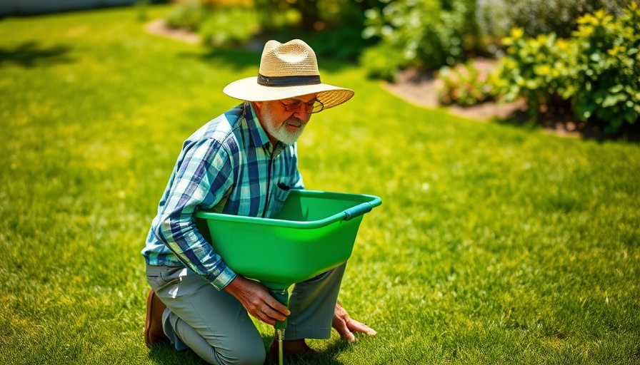 Elderly man fertilizing lawn under clear blue sky in Muskegon.