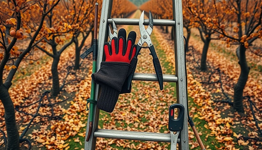 Fall pruning tools on a ladder in an orchard.
