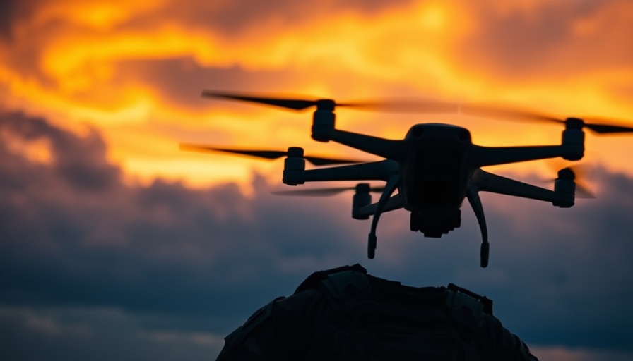 Silhouette of soldier with drone at sunset reflects unusual machines stock rise.