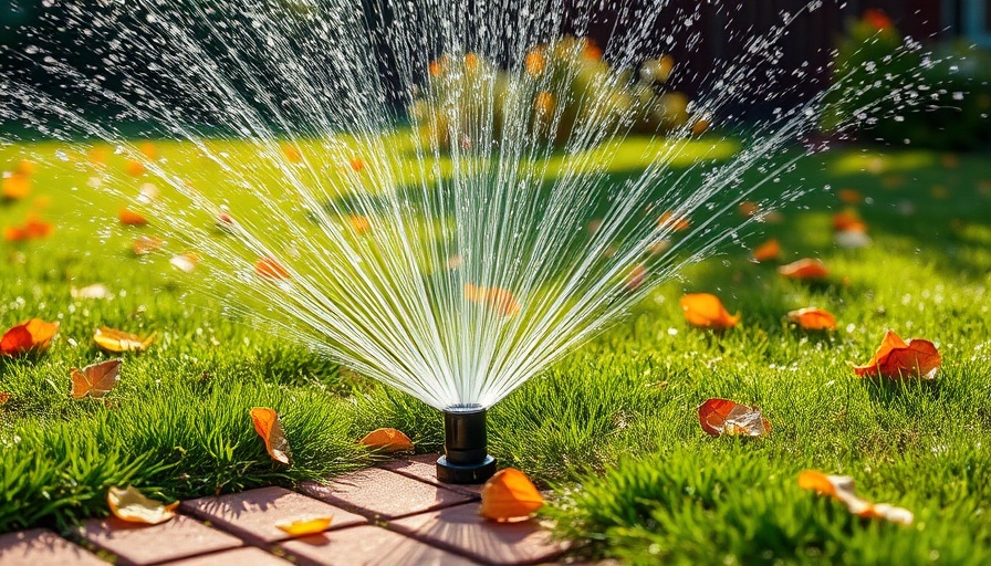 Vibrant sprinkler watering autumn lawn in Shelby MI, fallen leaves.