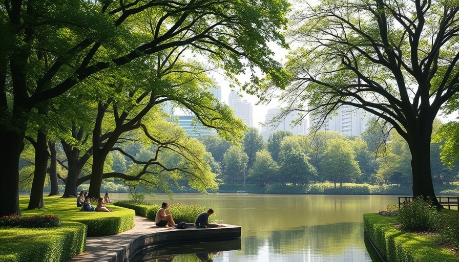 Sunny urban park with vibrant trees showcasing urban tree microbiome health.