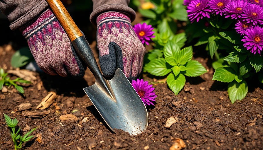 Hands planting purple mums with a spade in garden soil.