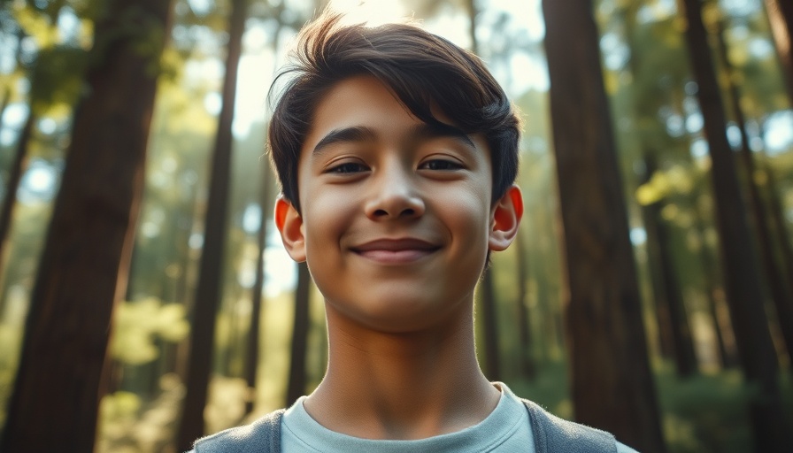 Young individual outdoors in sunlit forest, warm lighting.