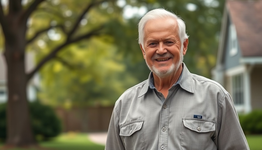 Elderly man standing outdoors in a suburban setting, Alzheimer's care community support.