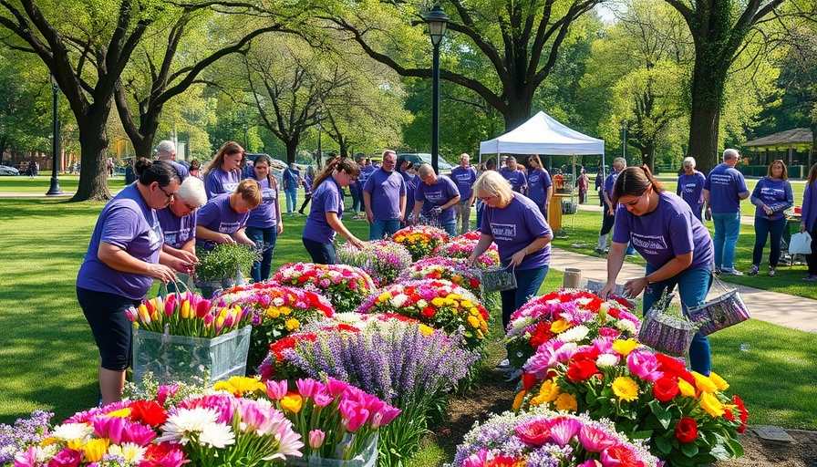 Volunteers at Walk to End Alzheimer’s event organizing flowers.