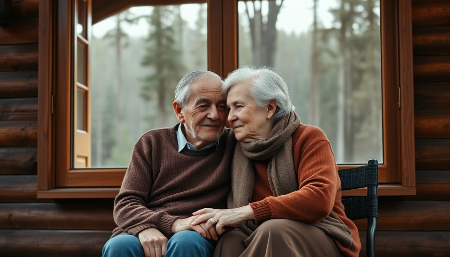 Elderly couple embracing outside a modern wooden house.