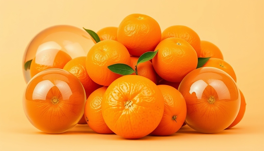 Creative arrangement of oranges reflecting through glass, daily fruit intake lung health.