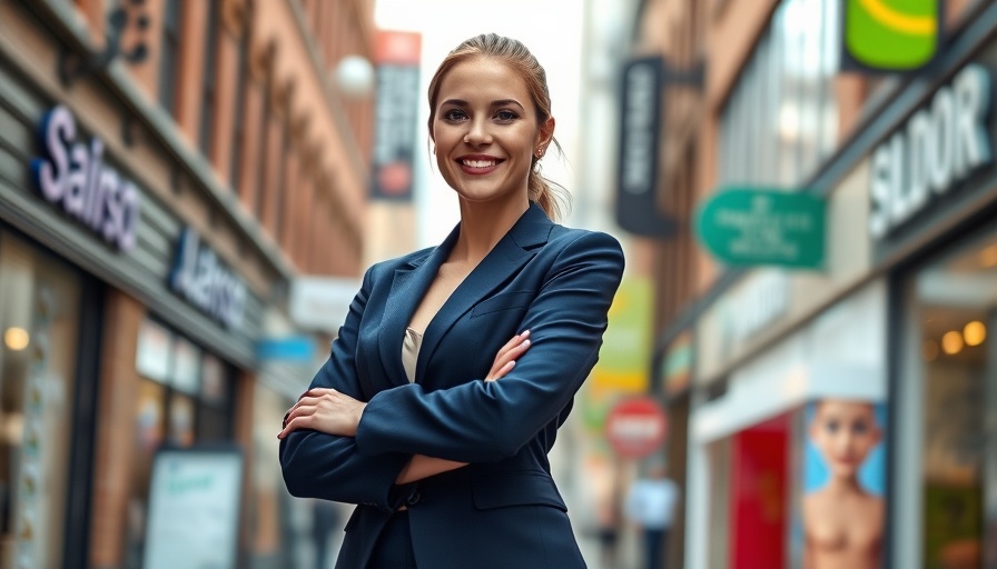 Confident woman in navy suit smiling on a busy street.