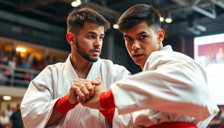 Karate athlete focused in a sparring stance at vivid arena.