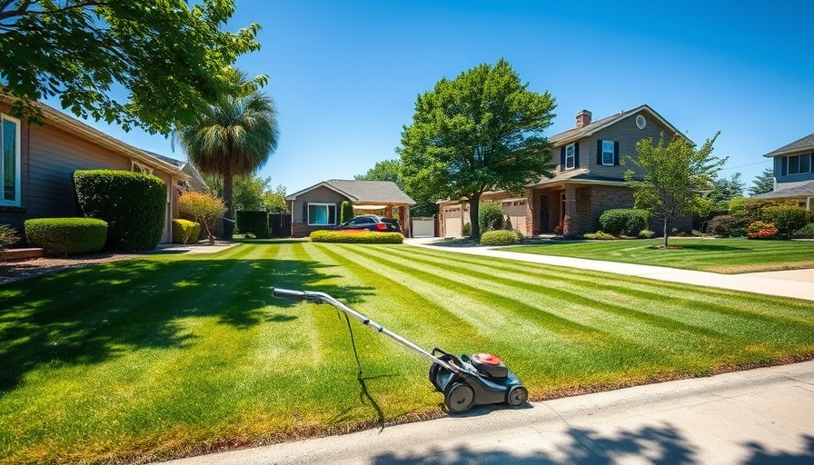 Suburban lawn freshly mowed with electric reel mower, clear day.