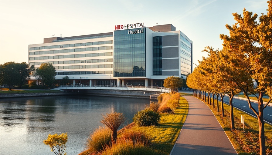 AI in healthcare: modern riverside hospital building.