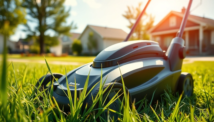 Electric lawnmower cutting grass in a Muskegon suburb, sunny day