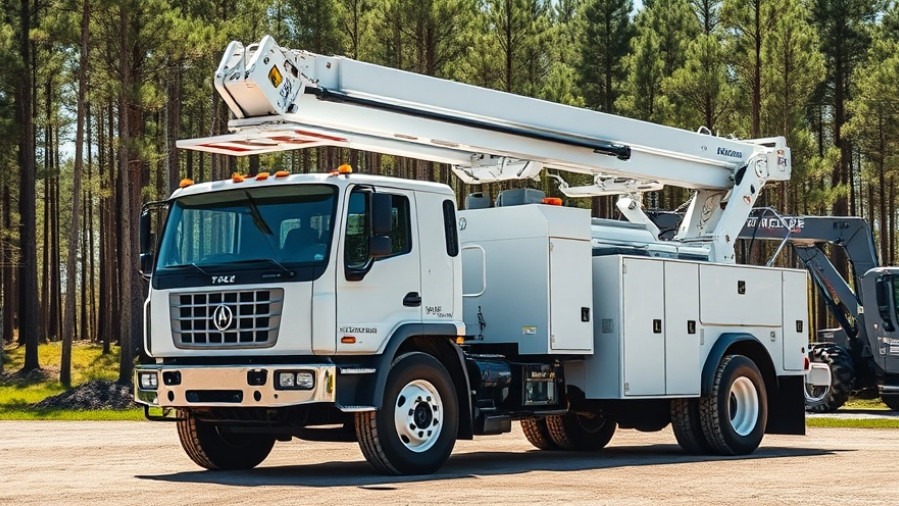 Modern bucket truck parked for tree care equipment with forest backdrop.