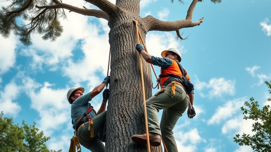 Two certified arborists in Troy managing ropes for safe tree removal under a bright sky.