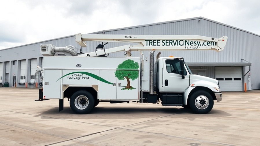 Utility truck for tree service employment in Iowa, parked by a warehouse.