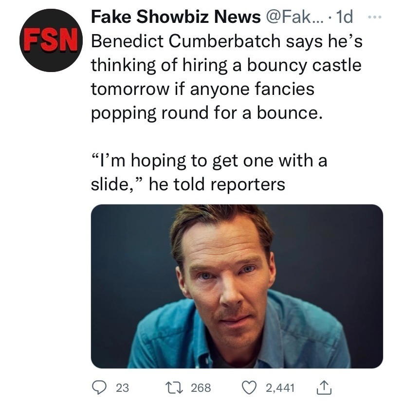 Fake Showbiz New tweet about Benedict Cumberbatch planning to hire a bouncy castle for him and his friends