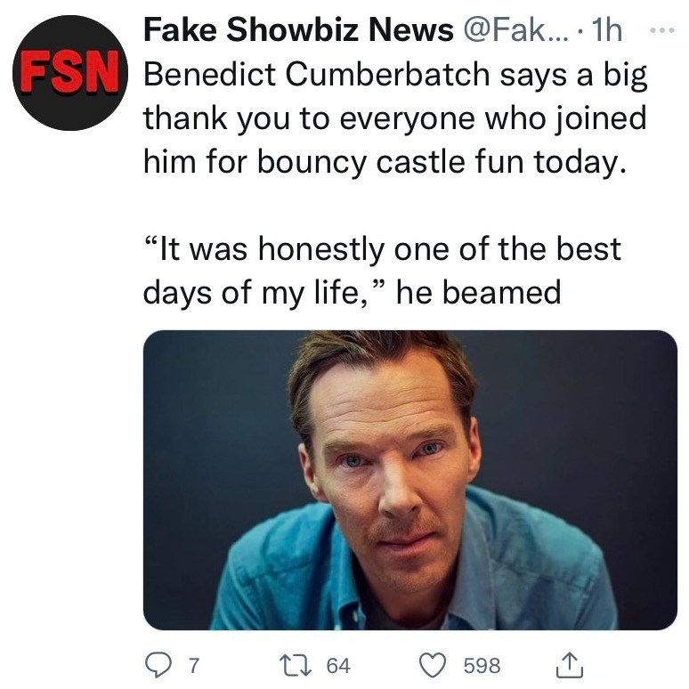 Fake Showbiz News tweet saying how much Benedict Cumberbatch enjoyed his bouncy castle hire