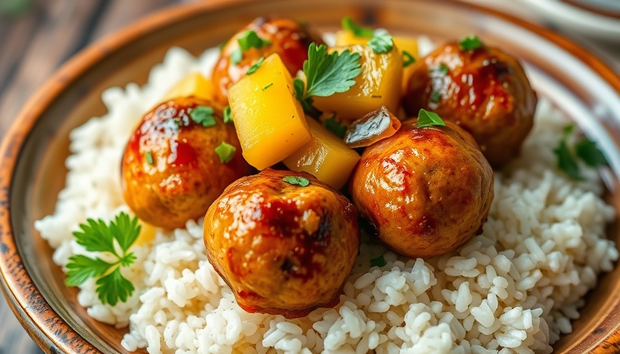 Hawaiian Chicken Meatballs with Pineapple over rice, garnished with cilantro.
