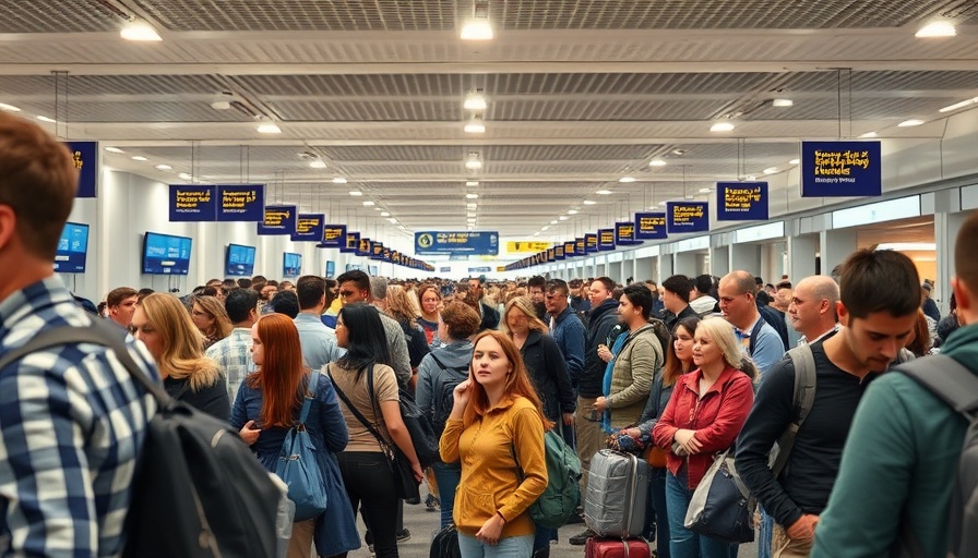 Crowded airport terminal with travelers in line, highlighting delays.