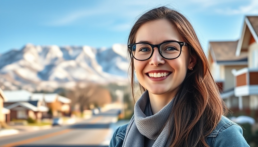Smiling woman in front of snowy mountains, suburban street, daytime.