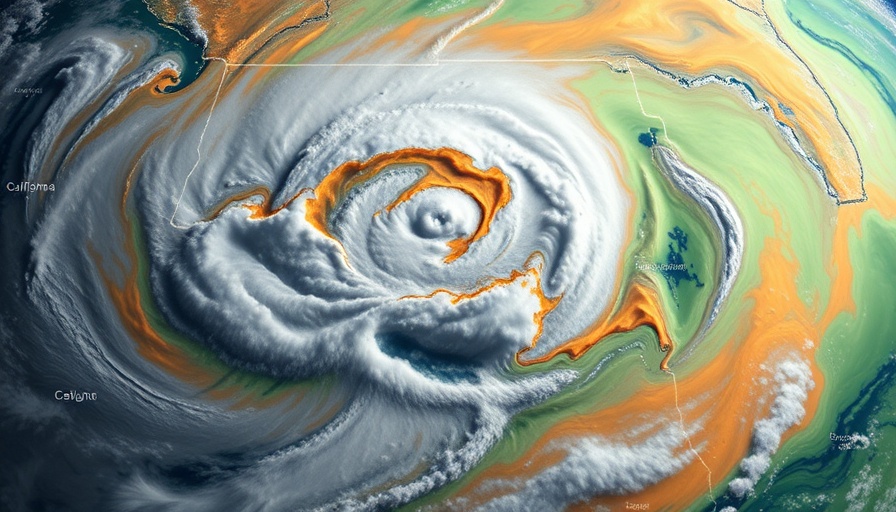 Storm system over Southern California, showing clouds near major cities including Los Angeles.