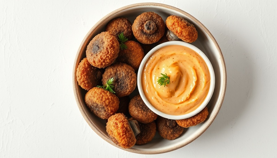 Air fryer mushrooms with dipping sauce in a bowl.