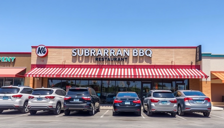 Korean BBQ restaurant exterior in Orange County shopping plaza, sunny day.